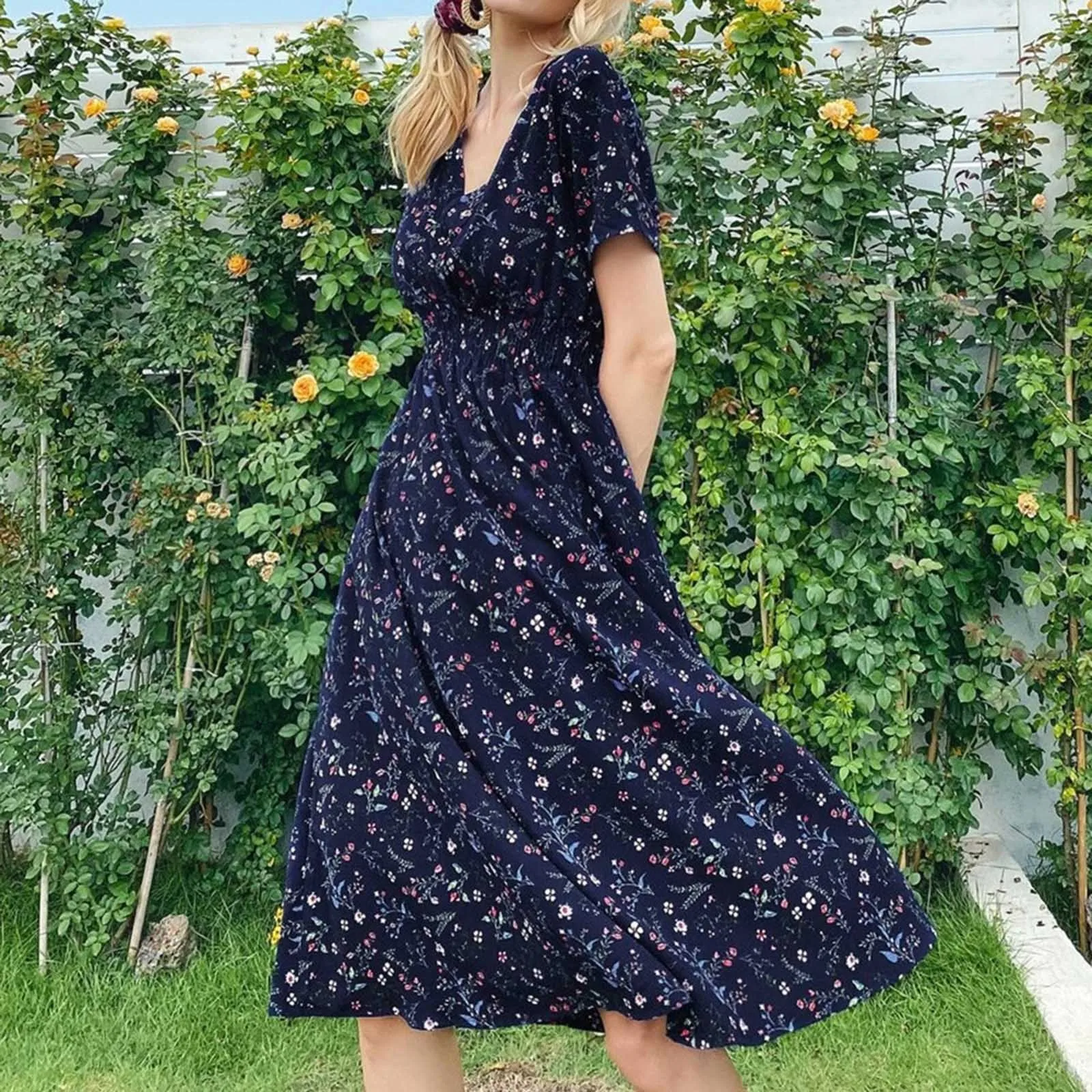 

Elegant Floral Print Casual Long Dress For Women Summer V-Neck Short Sleeve A-Line Maxi Dress Female Fashion Slim Waist Dresses