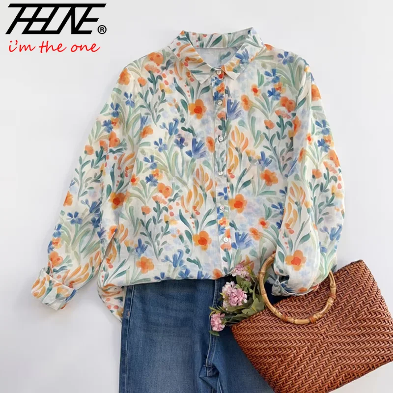 THHONE بلوزة حريمي ربيعية أنيقة 2025 Blusa Mujer قمصان واحدة الصدر فضفاضة طباعة خمر ملابس نسائية غير رسمية قمصان