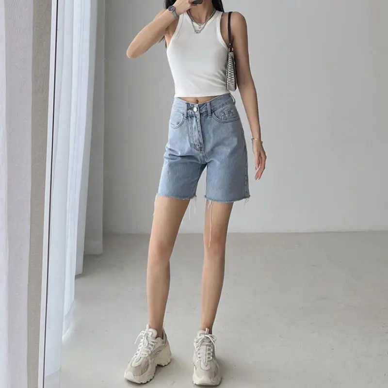 Light Blue A-line Denim Shorts for Women Summer Clothing Heart Embroidered Straight Casual Five-pointed Jeans Pants Plus Size