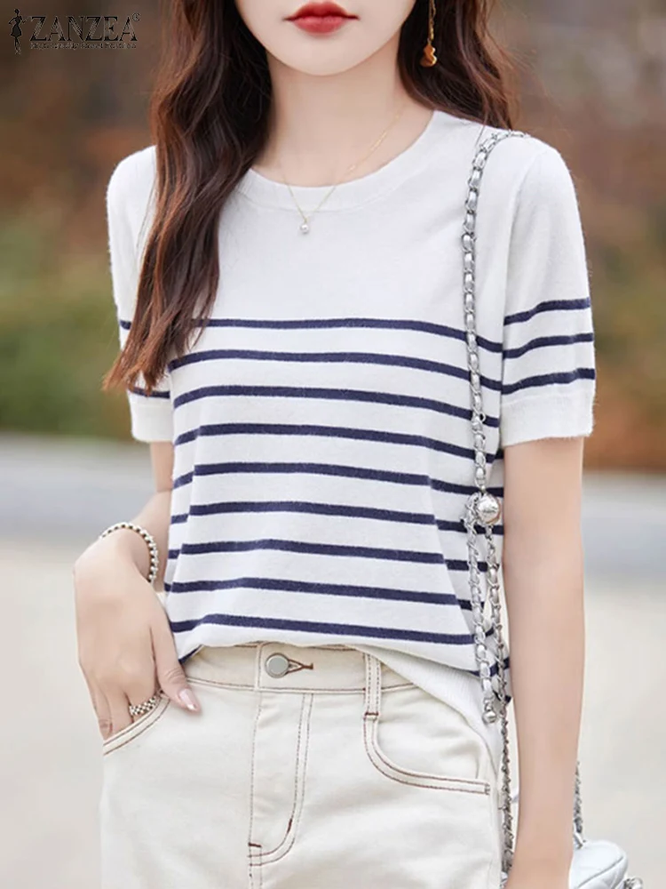 

ZANZEA Short Sleeve Summer Shirt Blouses Commute O Neck Elegant Women 2024 Blusas Mujer Korean Fashion Daily Casual Striped Tops