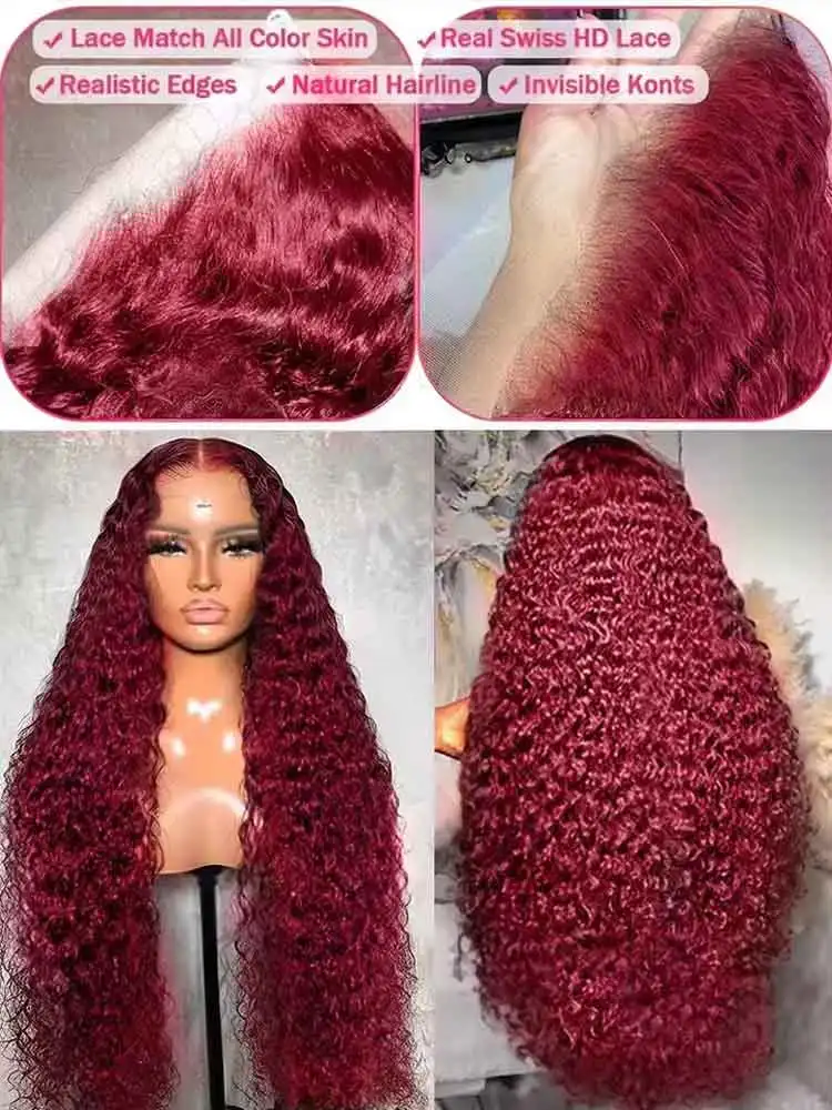 99J Burgundy 250 Density 13x4 HD Lace Front Wigs Human Hair Red Wine 30 Inch Deep Wave Brazilian Curly Glueless Lace Frontal Wig image 5