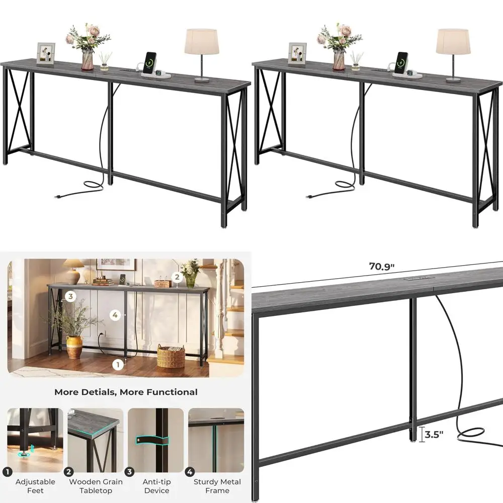 

70 Grey Metal Frame Console Table with Outlets & USB-C, Extra Long Sofa Side Table, X-Design for Entryways & Living Rooms