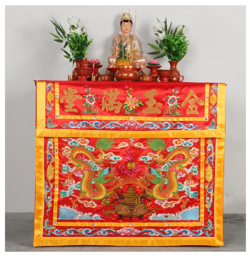 Buddhist HOME Temple Worship Guanyin Buddha JINYU MANTANG Auspicious golden Dragons Embroidery Altar table enclosure Curtain