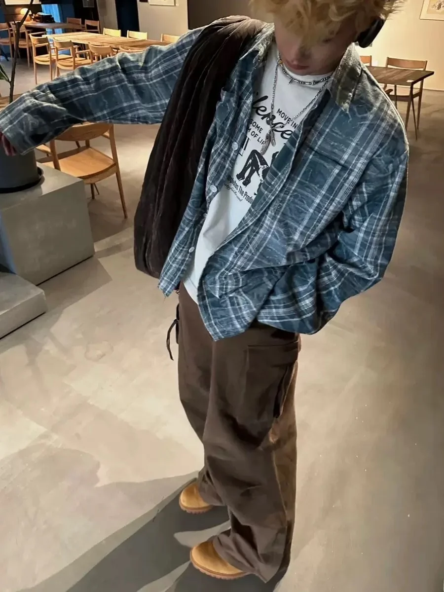 

Свободная повседневная клетчатая ткань с текстурой дерева Destruction Feel American Street Sle Long Sve на пуговицах Мужская мода