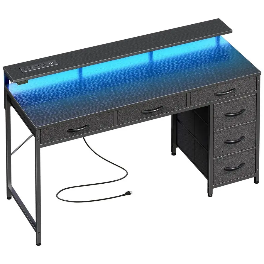 

Игровой стол с 6 ящиками, компьютерный стол с LED-подсветкой, розетками и портами Type-C, 47-дюймовый офисный стол с местом для хранения, подставкой для монитора