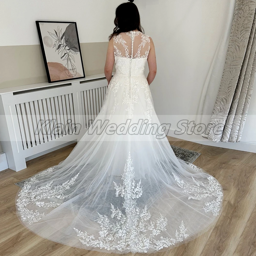 Weilinsha Appliques Tulle Wedding Dress 2024 Woman V Neck Sleeveless Lace Civil Bridal Gown A Line Chapel Train Vestido De Novia