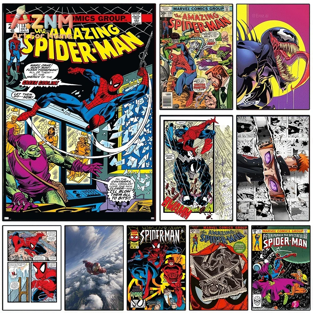 Cuadro de Lona Vintage de Los Cómics de Spider-Man, Póster Impreso de Superhéroes Venom y Green Goblin, Cuadro de Pared Sin Marco para Niño