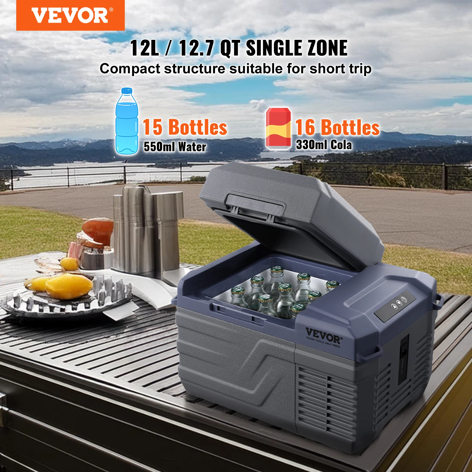 VEVOR 12L Car Refrigerator,12V Car Fridge,Single Zone Portable Freezer,-4℉-68℉ Range,12/24V DC and 100-240V AC Compressor Cooler