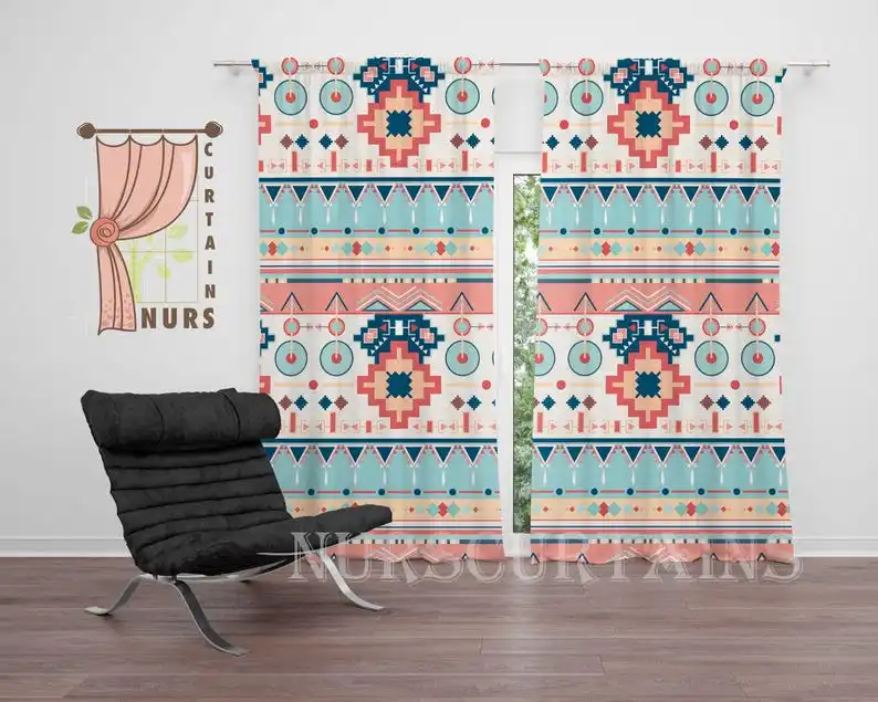 Tapa Motif Blackout Curtain: Colorful Ethnic Tribal Decor