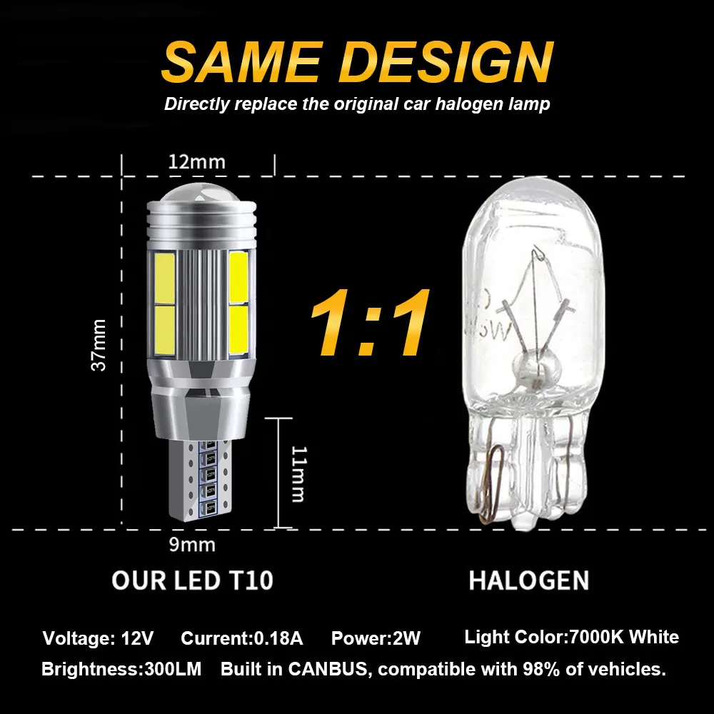 2 шт. светодиодный Автомобильные светодиодные лампы T10 W5W 12 в 10SMD 7000K