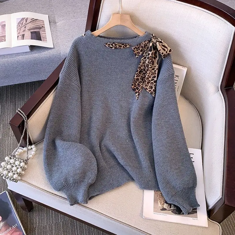 Leopard Print Bow Women\'s Chic Pullovers 2024 Vintage Elegant Autumn New Style Lazy Style Loose and Slimming All-match Sweaters