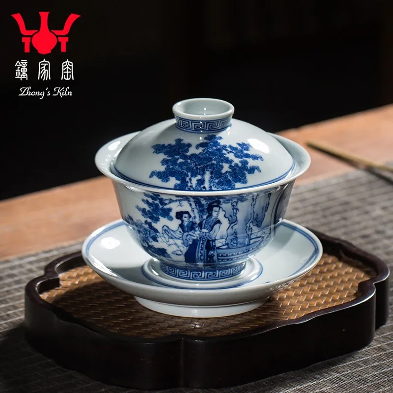 Zhongjia Kiln Firewood Kiln Blue and White Porcelain Tureen Hand Painted Classic Western Chamber Kombucha Tea Brewing Bowl Sanca