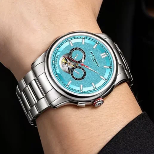 HANBORO Men Automatic Watch 41.5mm Mechanical Wristwatch 50m Waterproof Sapphire Mirror Luminous 24 Hours Small Second Dial