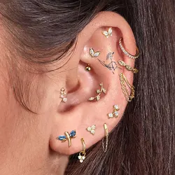 1PC Ear Piercing Chain Hoop Earring Rook Helix Tragus Lobe Zircon Cartilage Piercing Leaf Stud Earring Stainless Steel Jewelry