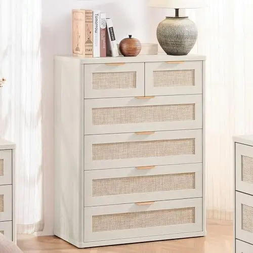 White Dresser for Bedroom, 41" Tall Chest of Drawers, Modern 6 Drawers Boho Rattan Dressers with Storage, Dresser - view 4