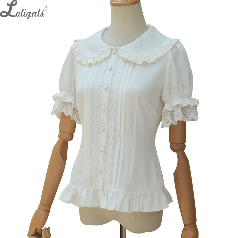Sweet Lolita Shirt Short Puff Sleeve Flower Embroidered Peter Pan Collar White Ruffle Blouse for Ladies
