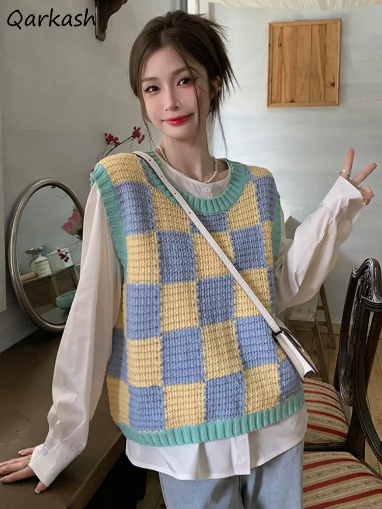 

O-neck Sweater Vets Women Panelled Plaid Candy Color Ins Fashion Knitted Clothing Preppy Style Young Girls New Autumn Soft Crop