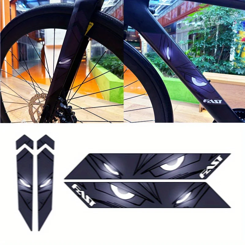 

2D плоские наклейки, 4 листа/упаковка, наклейки с аниме-глазами, подходят для шоссейных велосипедов + декоративные наклейки на переднюю вилку, самоклеящиеся.