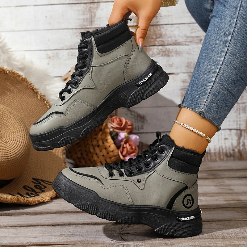 

Fleece Lined Warm Sports Shoes Women Outdoor Walking Lace Up Sneakers Woman Winter High Top Plus Size 39-44 Sneakers for Men