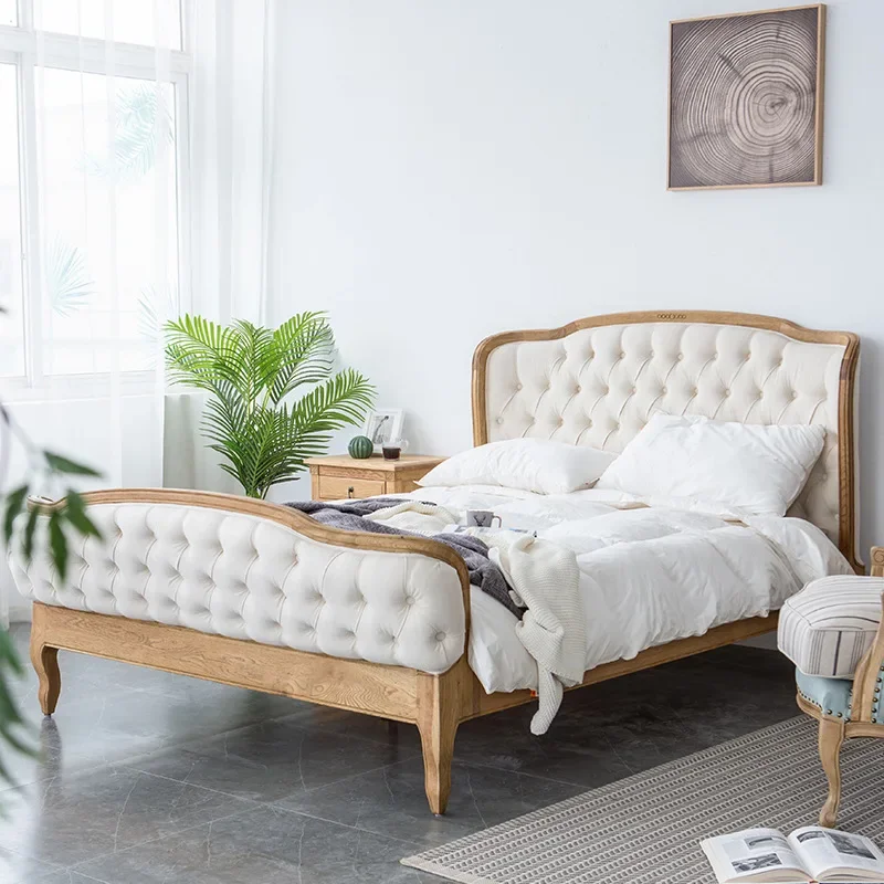 American rural full solid wood oak double bed French simple master bedroom large retro high bedside log bed foreign trade