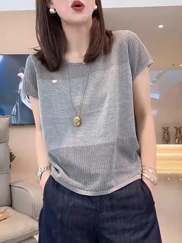 

ay Hollow out Thin Knitted irt Women's Large Size Summer ort Sve T-irt round Ne Versatile Casual Korean Sle