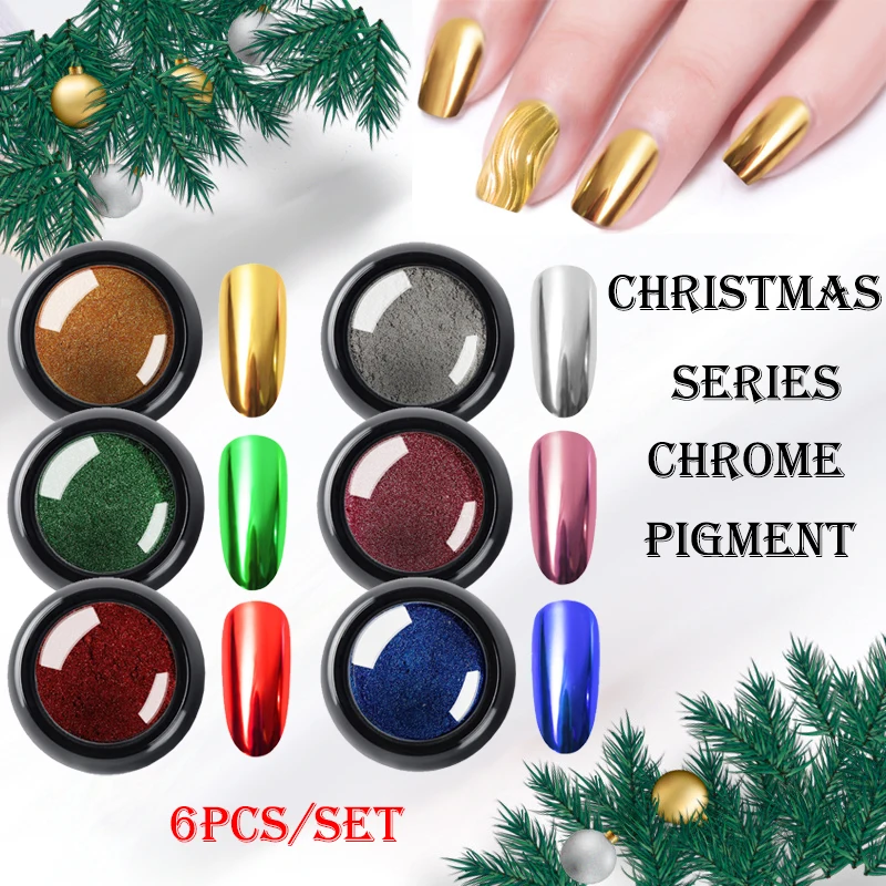 6pcs / Set Noël Nail Art miroir en métal poudre Chrome Pigment pour ongles or argent vert Chrome poudre manucure décoration DIY