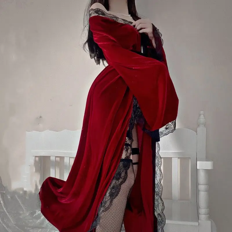 Pijamas Women Bridesmaid Dresses Autumn Winter Long Sexy Lace Robe Velvet Red Vintage Elegant Long Sleeve Robe Femme Bathrobe