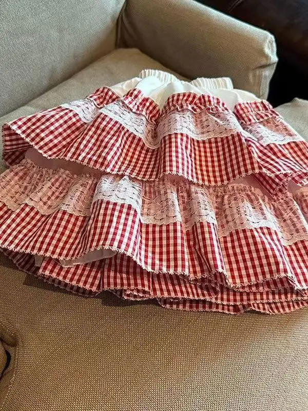 Sweet Pumpkin Lace Splicing Plaid Puffy Short Skirt Cake Skirt Slim High Waist Half Skirt Girls Small Figure Princess Style