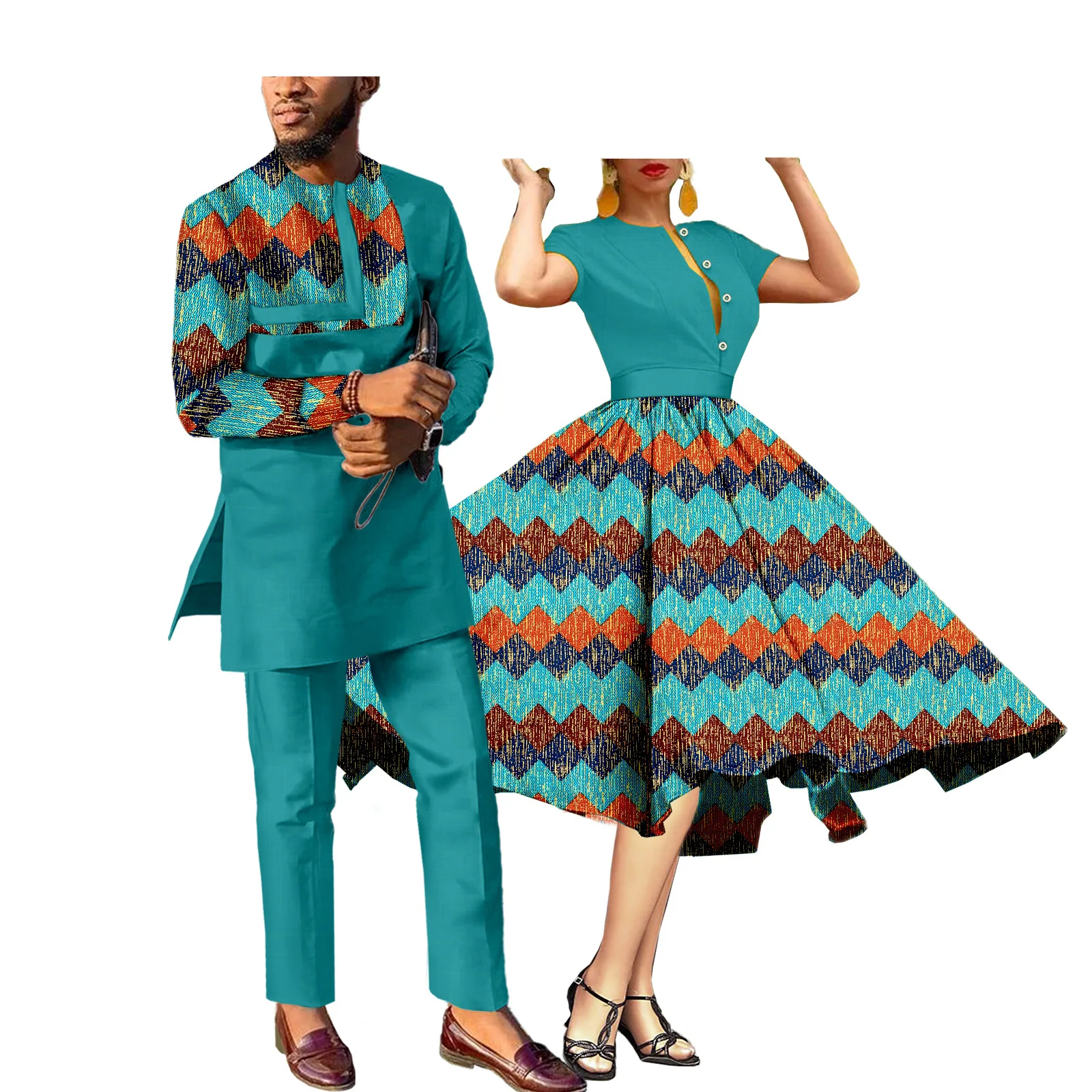 African Couples Women Print Wax Cotton Fashion Patchwork Hot Dress & Men 2 Pieces Shirt and Pants Sets