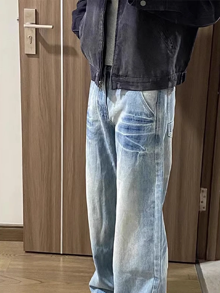 

Мужские джинсы с синим молниевым узором в стиле ретро, прямые расклешенные брюки в американском стиле High Street Vibe, Cleanfit, без стрейч