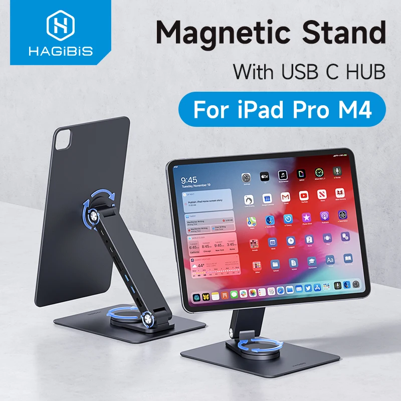 Hagibis Magnetic Stand for iPad Pro M4 2024 11inch 13inch with Hub Tablet Docking Station 360° Adjustable Mount Foldable Holder