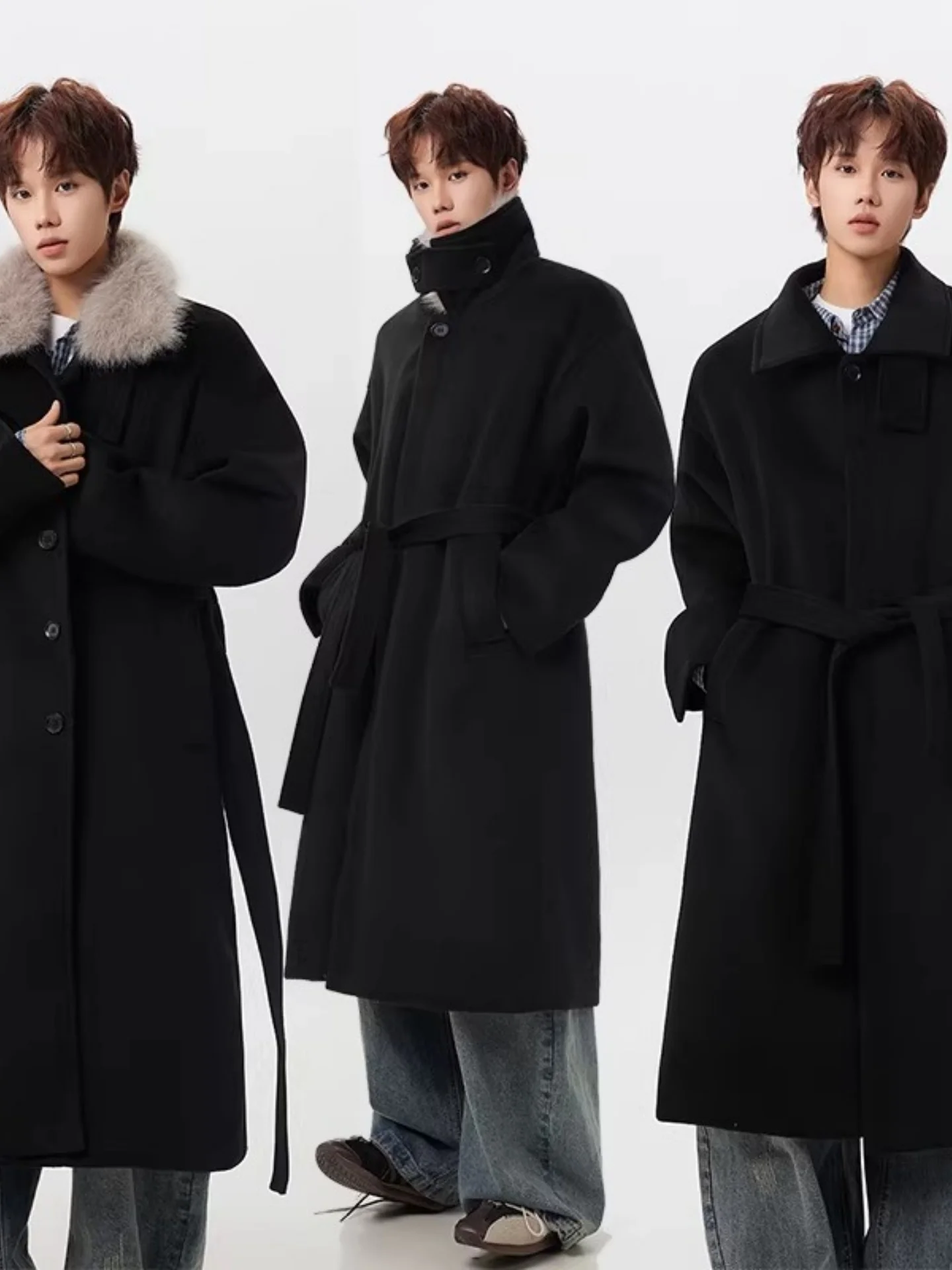 

Detachable Fur Collar Men's Woolen Coat Mid-Length Korean Sle Aosphere Windbreaker Cotton Thiened Outerwear