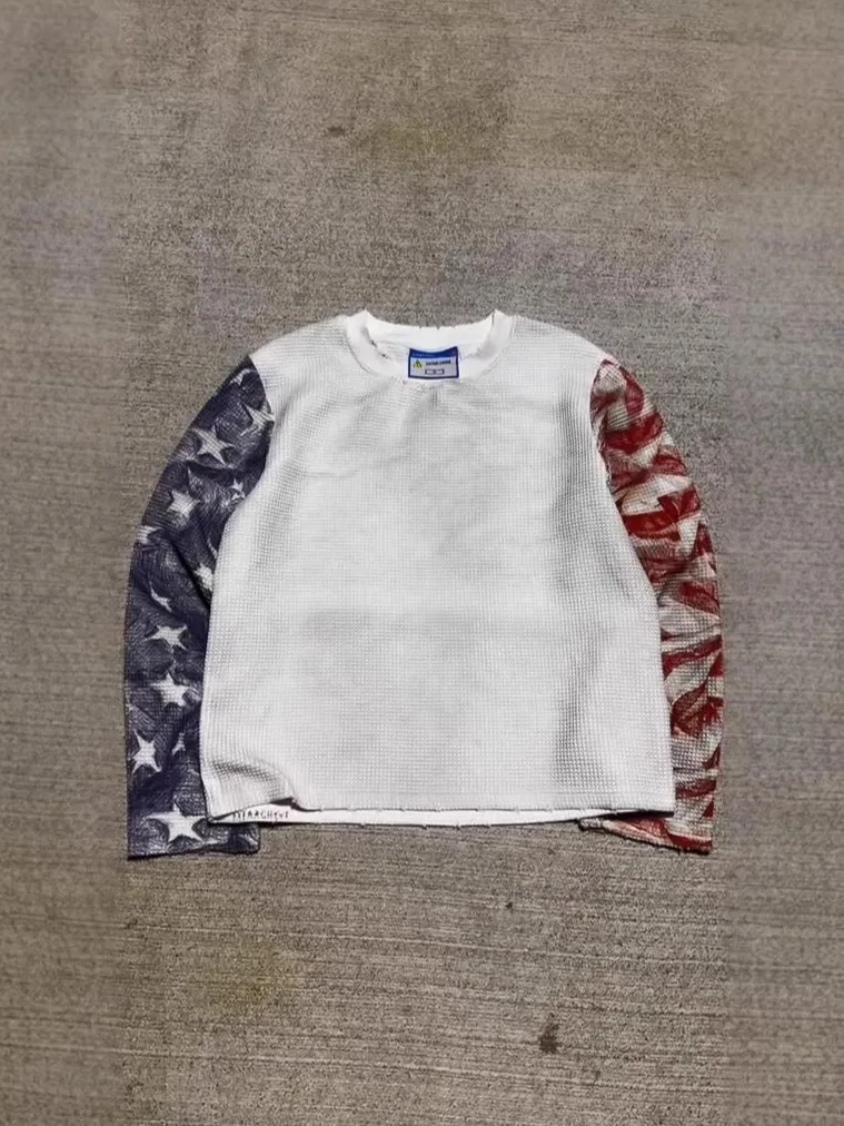 2026 early spring new American street trend color matching retro round neck long sleeve T-shirt unisex high street fashion
