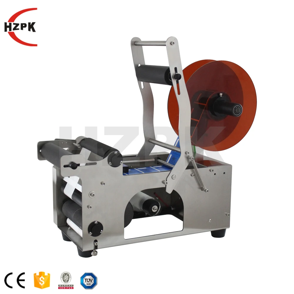 HZPK Electronic Semi Auto Small Rounding Water Bottle Labeling Machine Sticker Label for Prices Can Round Glass Bottle