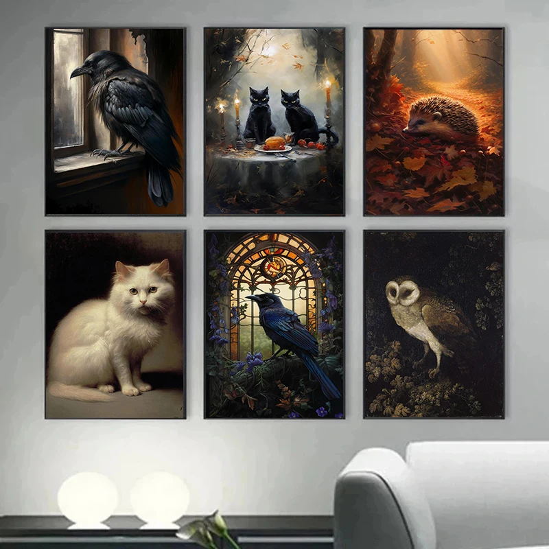 วินเทจแมวค้างคาวกานกฮูกเม่นมืดสถาบันการศึกษาโปสเตอร์พิมพ์ผ้าใบศิลปะบนผนังห้องรับแขกห้องนอนของขวัญการตกแต่งบ้าน