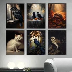 Vintage Cat Bat Raven Owl Hedgehog Dark Academia Poster Canvas Printing Decor Living Room Bedroom Wall Art Home Decor Gift