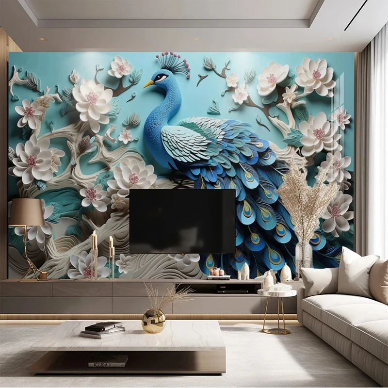 

Custom Size Wallpaper 3D Embossed Flowers Blue Peacock Wall Mural Paper for Bedroom Living Room TV Background Home Decoration