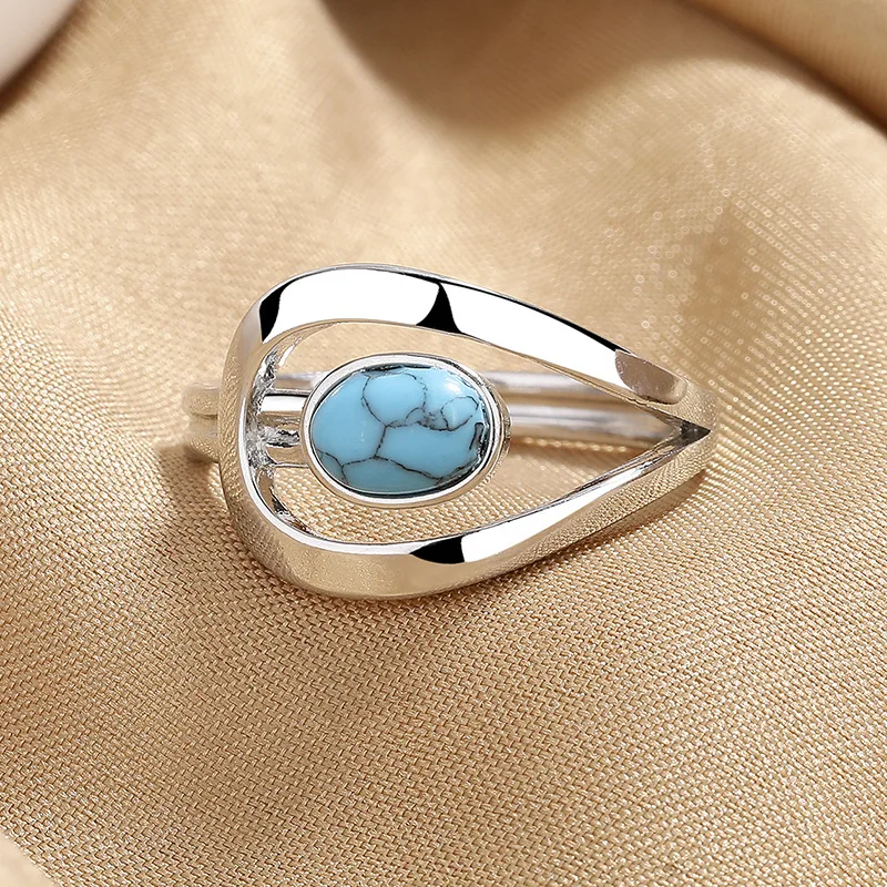 Unisex Oval Blue Stone Wedding Bands Synthetic Turquoise Rings For Women Men Silver Color Vintage Engagement Ring Party Jewelry