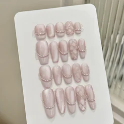 Handmade Sweet Diamond Grid Decor Press on Nails French Shiny Pink Cat Eye Fake Nails Wearable Reusable Korean Bride False Nails