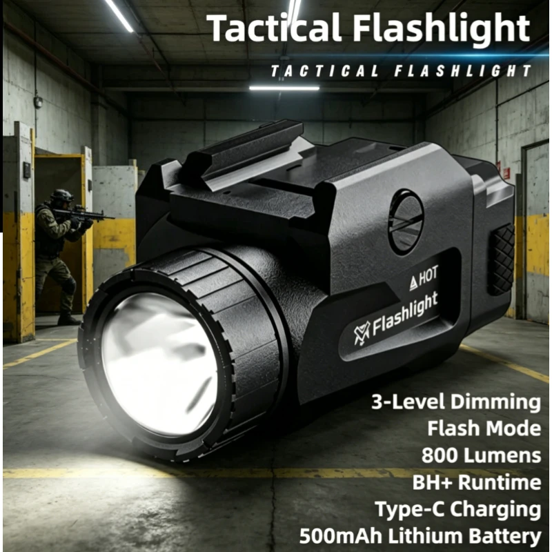 

800LM Tactical LED Flashlight, 4 Mode USB Rechargeable Lamp, Quick Release Bracket Fit Picatinny Rail for Outdoor Sports Use