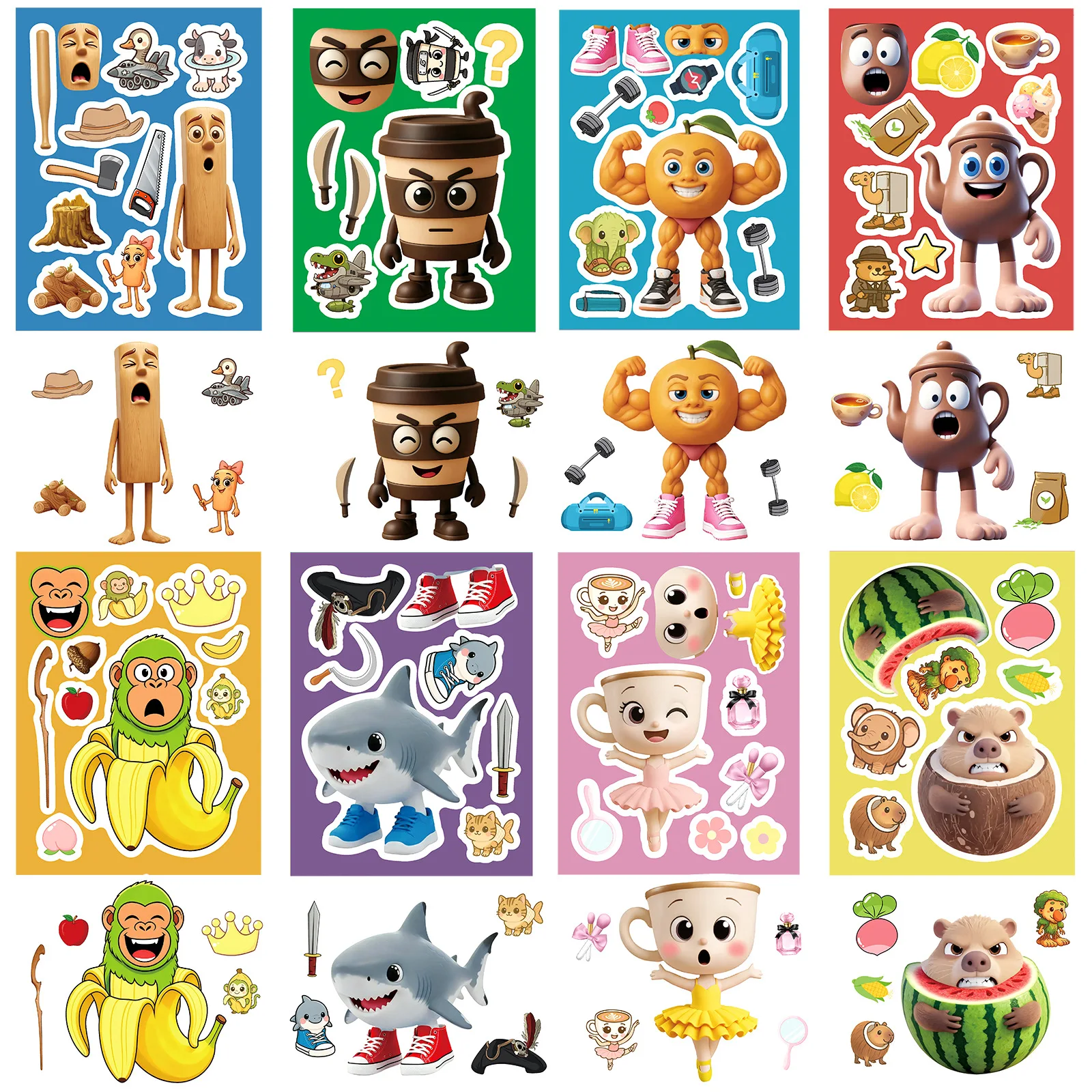 

8/16Sheets Tung Tung Sahur Italian Brainrot AI Abstrac Puzzle Sticker DIY Laptop Luggage Skateboard Graffiti Decals for Gift