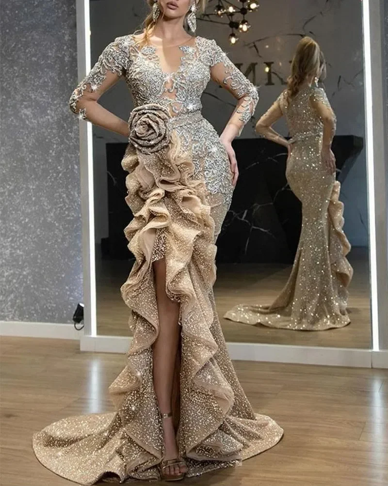 Vestido feminino sexy dourado para banquete noturno uniforme, manga comprida, plissado de renda, lantejoulas elegantes, vestidos de festa de baile, mulher, 2023