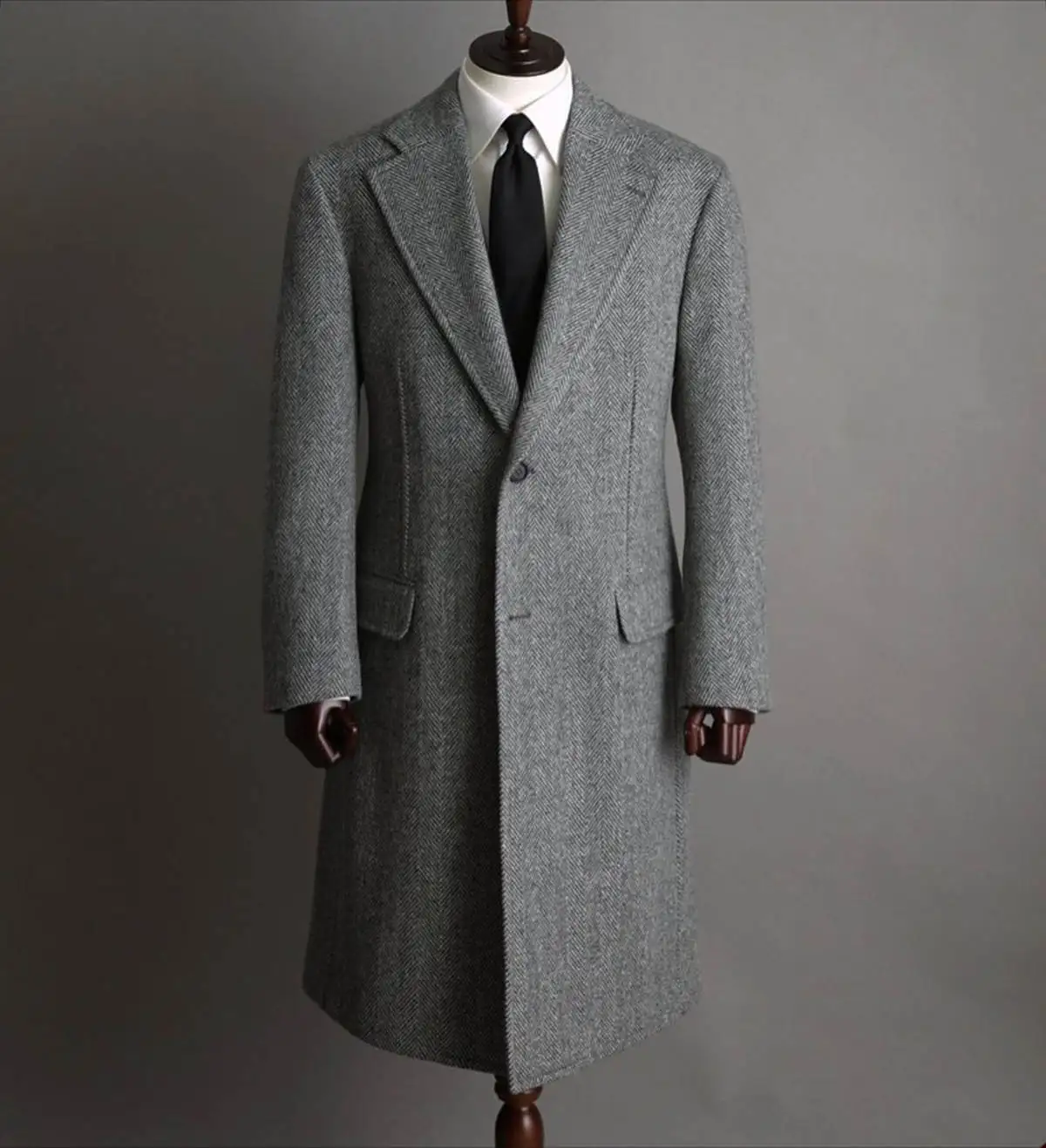 Vintage Mens Long Overcoat Wool Herringbone Custom Made Jacket Formal Tailored Winter Warm Groom One Piece Wear