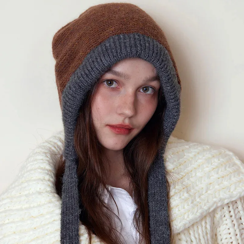 

Winter Knit Earflap Hat for Women Vintage Patchwork Ear Protection Cap Lady Girls Hooded Beanies Warm Headgear