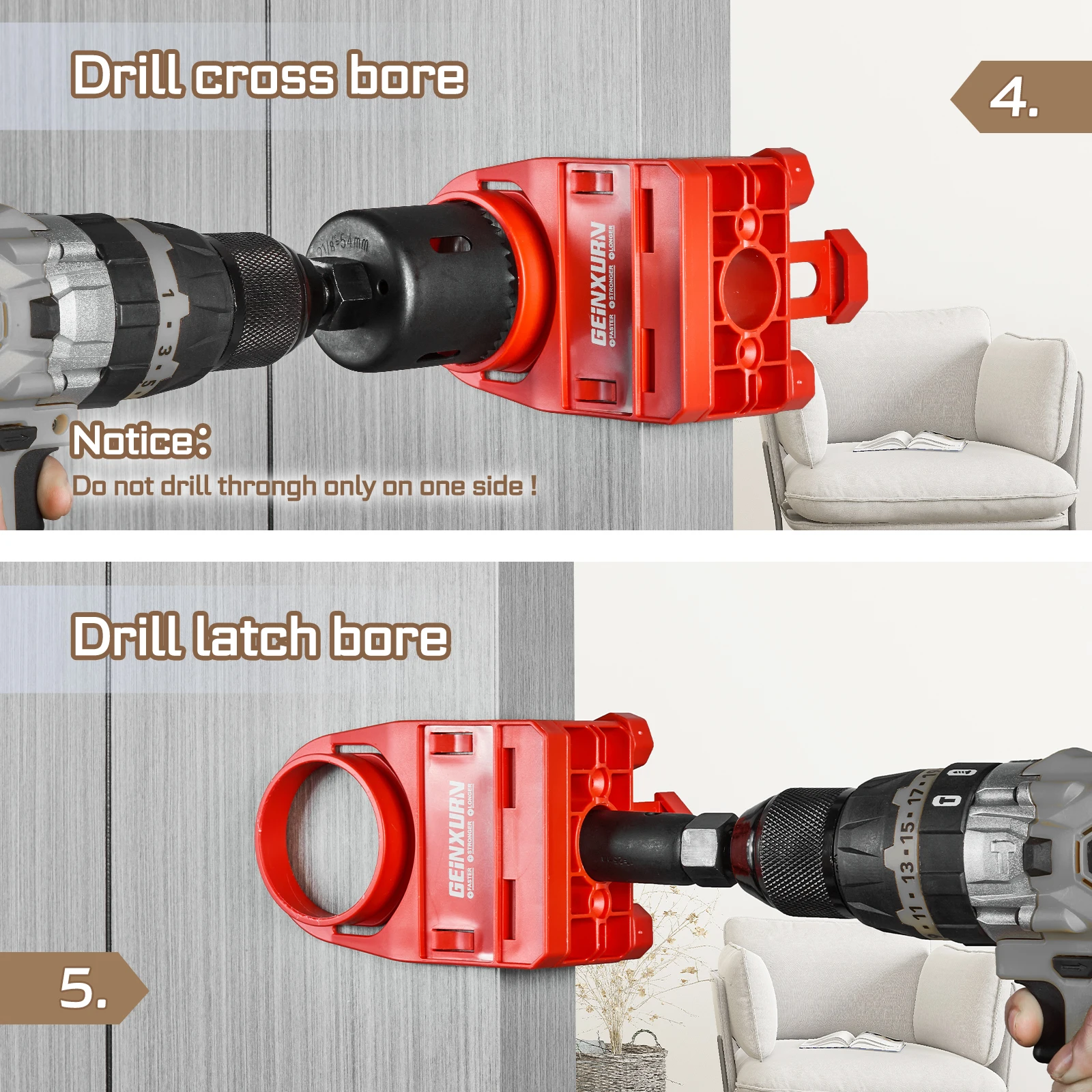 Geinxurn 1-3/8" - 1-3/4" Kit di installazione serratura per porte in legno con modello guida, sega a tazza per serratura porta in acciaio al carbonio