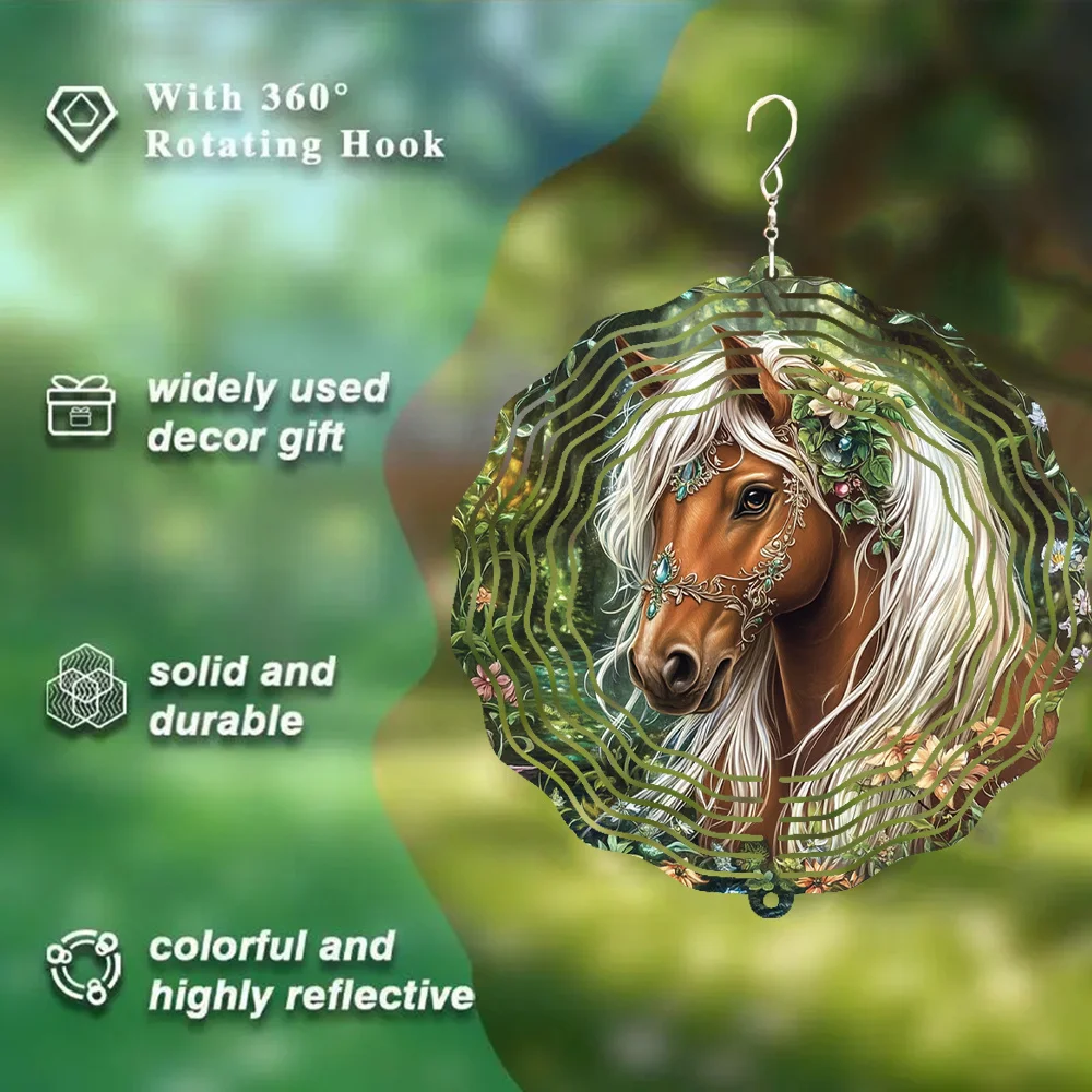 1pc Beautiful Prancing Horse Wind Chime Metal 3D Wind Chime with 360° Rotating Hook Can Create a Strong Dynamic Artistic Effect