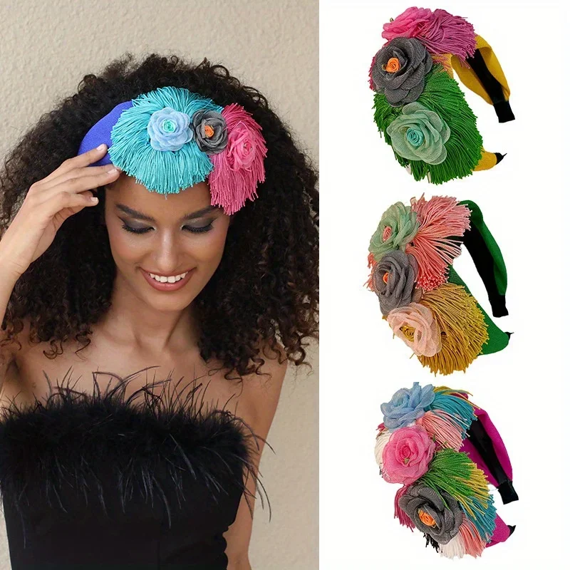 Bohemian Flower Headband - Colorful Wide Tassel Design for Festivals & Weddings, Soft Hair Accessory for Short Hair