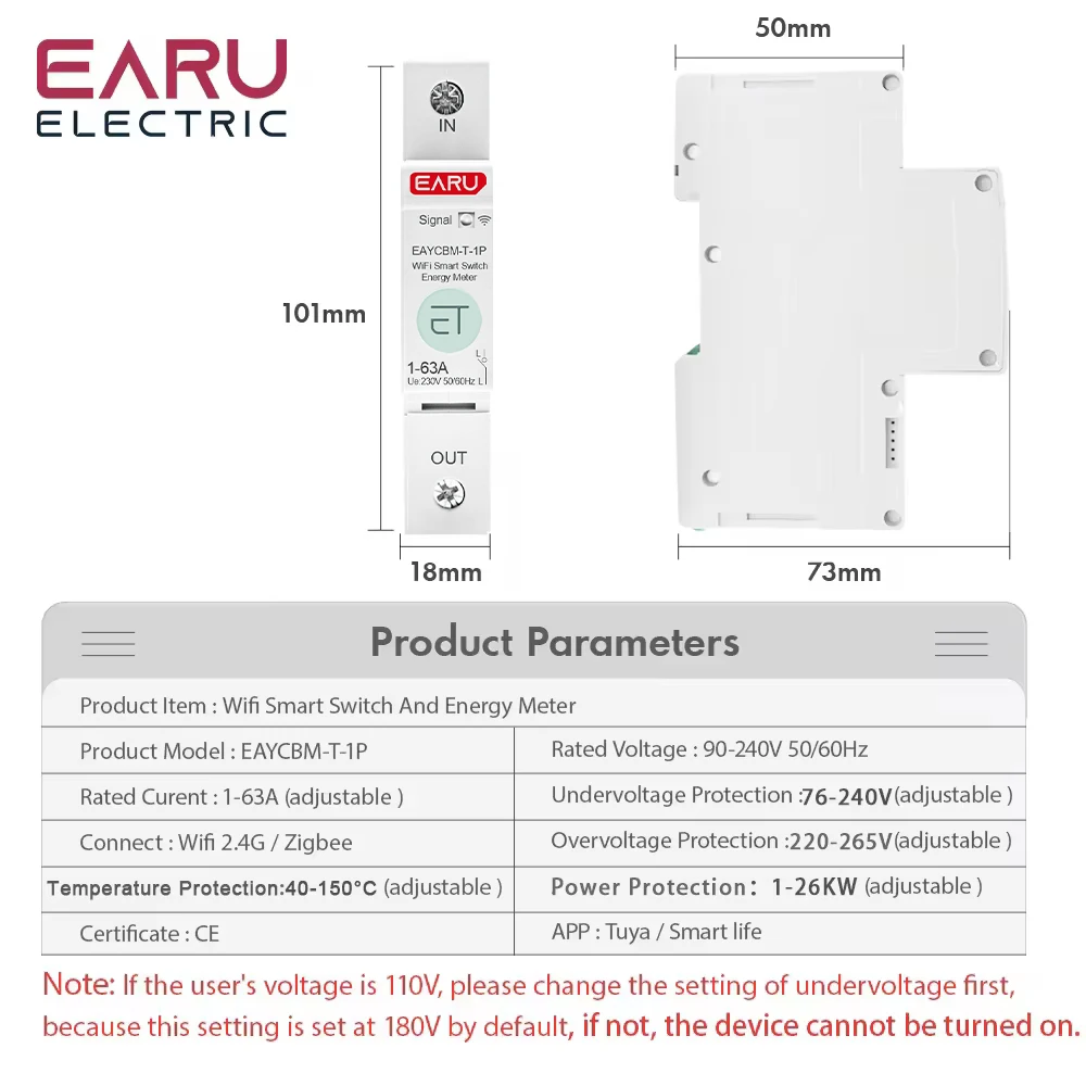 1P TUYA APP Zigbee WIFI Smart Energy Power Consumption kWh Meter Circuit Breaker Time Relay Switch Voltage Protection