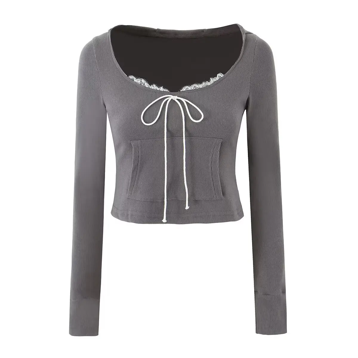 Setelan Blus Hoodie Panjang dengan Patchwork Renda Pure Desire Sle, Rok, Busana Wanita Streetwear, Serat Poliester, Hangat, V-ne