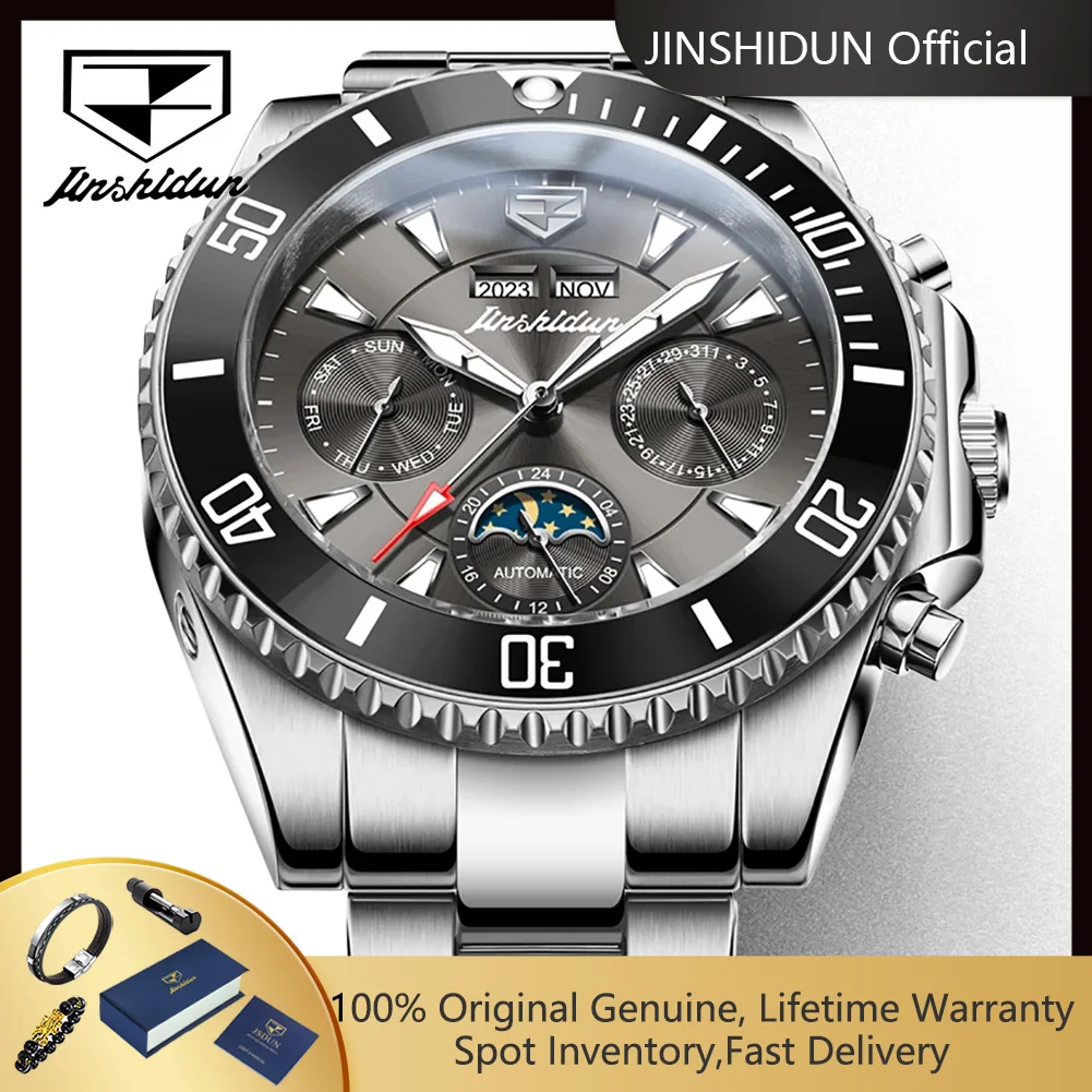 

JSDUN 8931, роскошные мужские часы, односторонний вращающийся безель, наручные часы для дайверов, календарь фаз Луны, автоматические механические часы